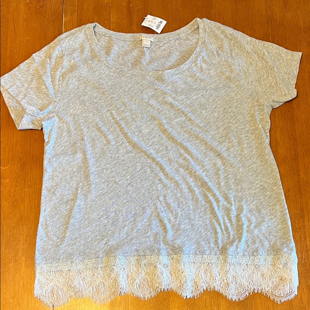 J. Crew Light Gray Scoop Neck Tee with Lace Hem